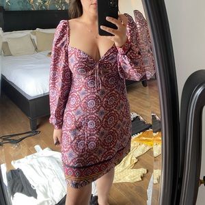 Mini dress floral puffy sleeve sweetheart neckline